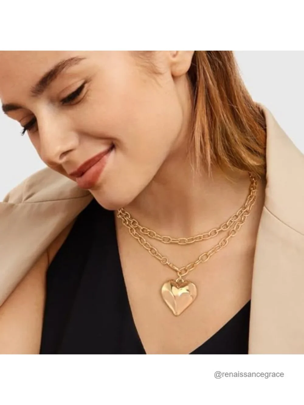 Layered Puffy Heart Pendant Necklace Gold Silver 7mm Cable Chain Lobster Clasp